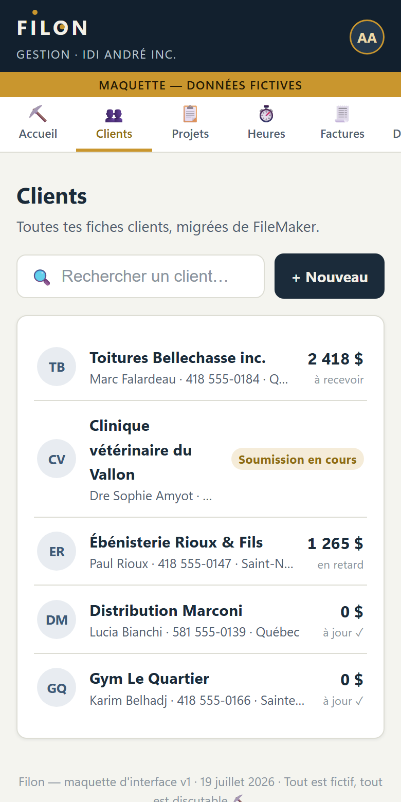 Écran clients : liste des clients avec soldes à recevoir