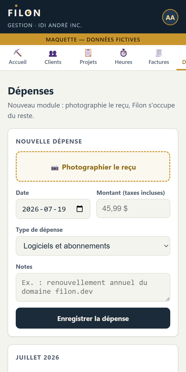 Écran dépenses : photographier un reçu et enregistrer une dépense depuis le téléphone