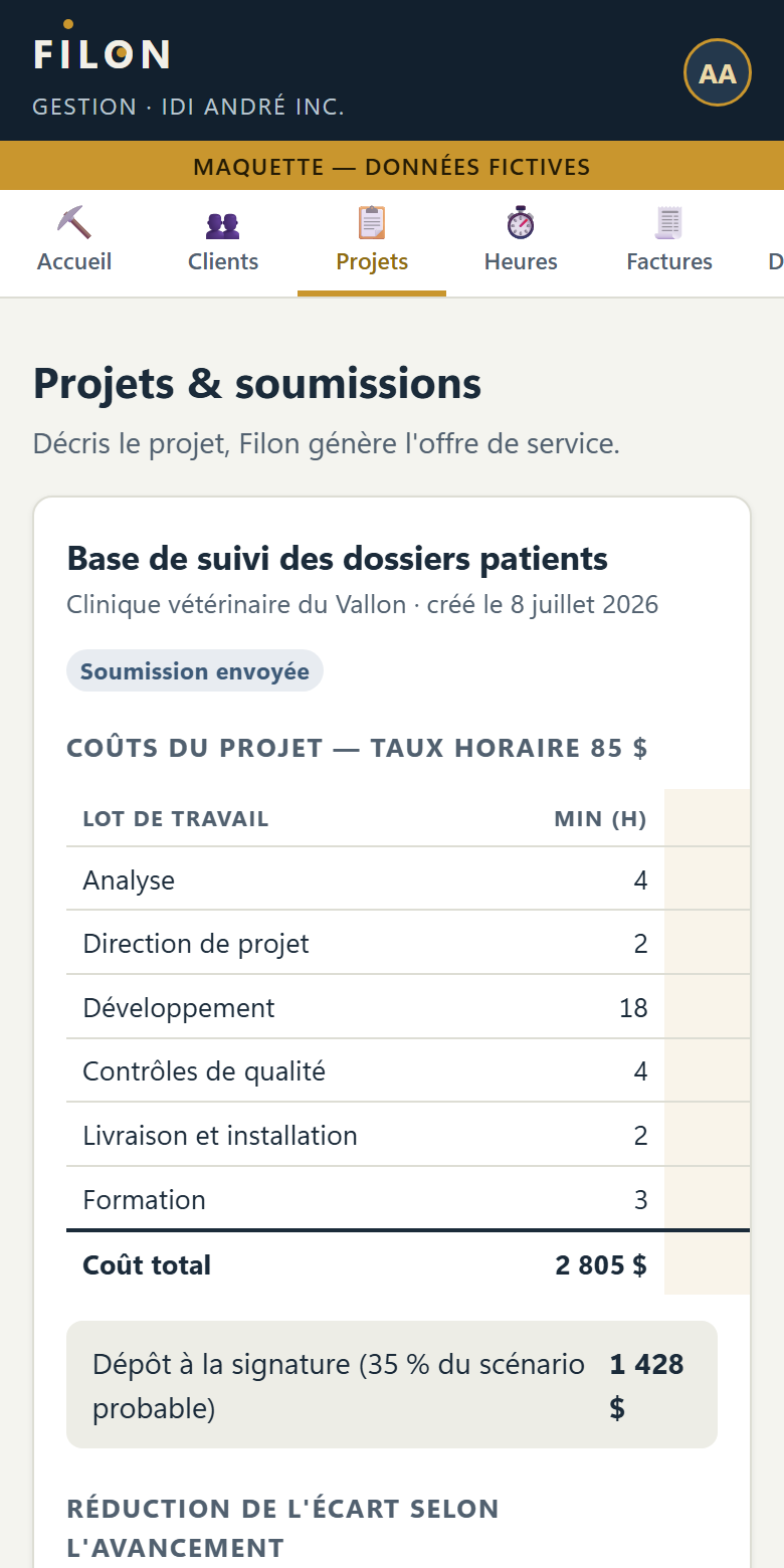 Écran projets : coûts par lot de travail et scénarios minimum, probable et maximum